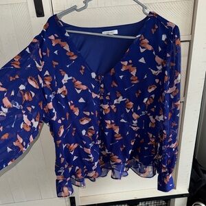 Nine West Blue and Orange Floral Blouse